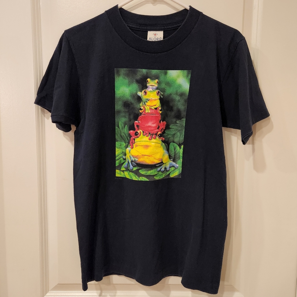 Vintage Alore Rainforest Tree Frogs Graphic Navy Blue T-Shirt Single Stitch USA